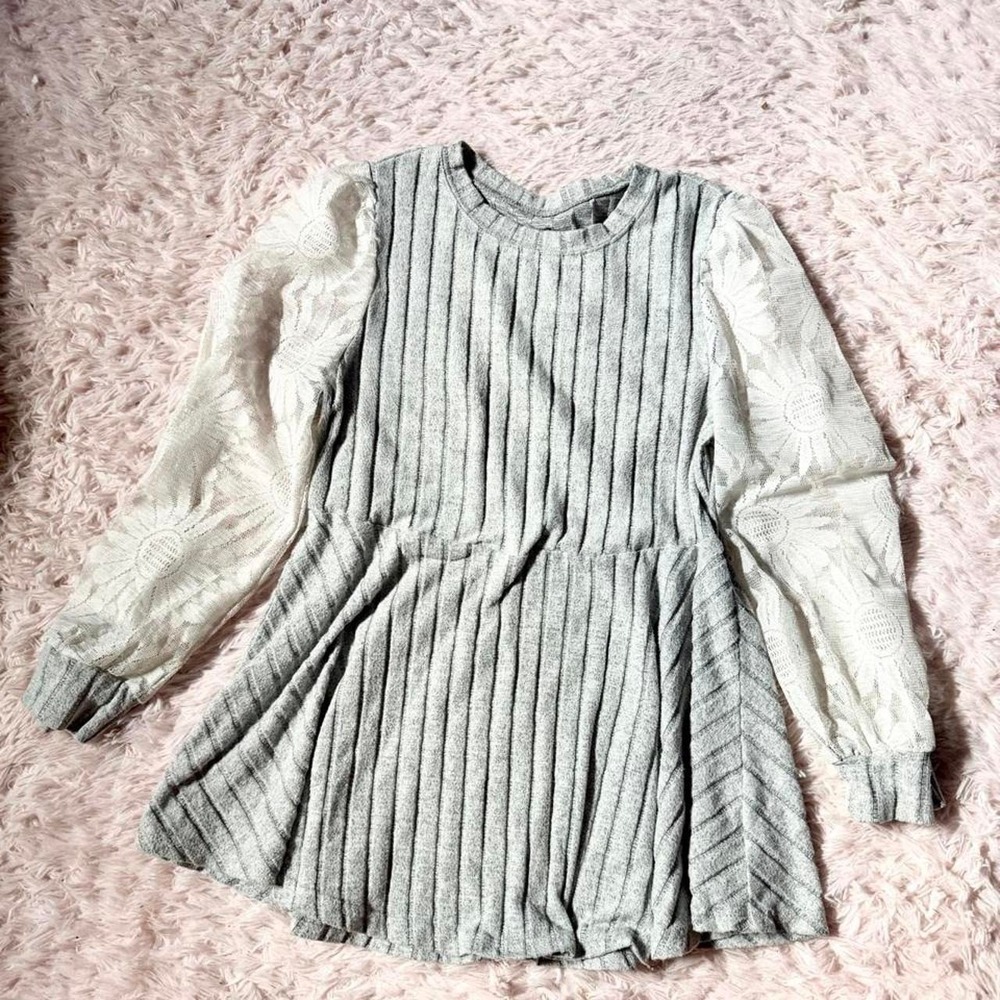 Whimsical Feminine Floral Lace Sheer Bell Sleeve Dress Womens XL Neutral Fairy